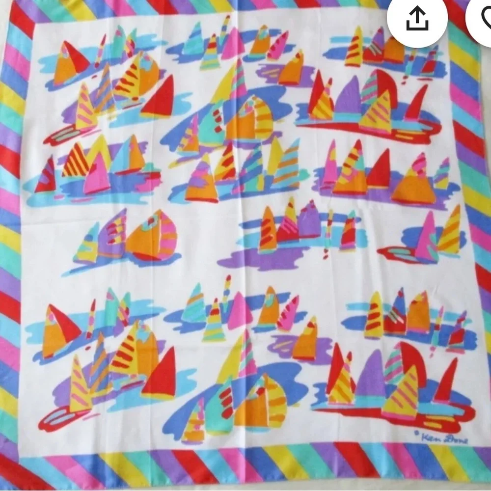 VTG 80s Ken Done Rainbow Sailboats Scarf Art-To-Wear Japan Colorful 24x24 NIP